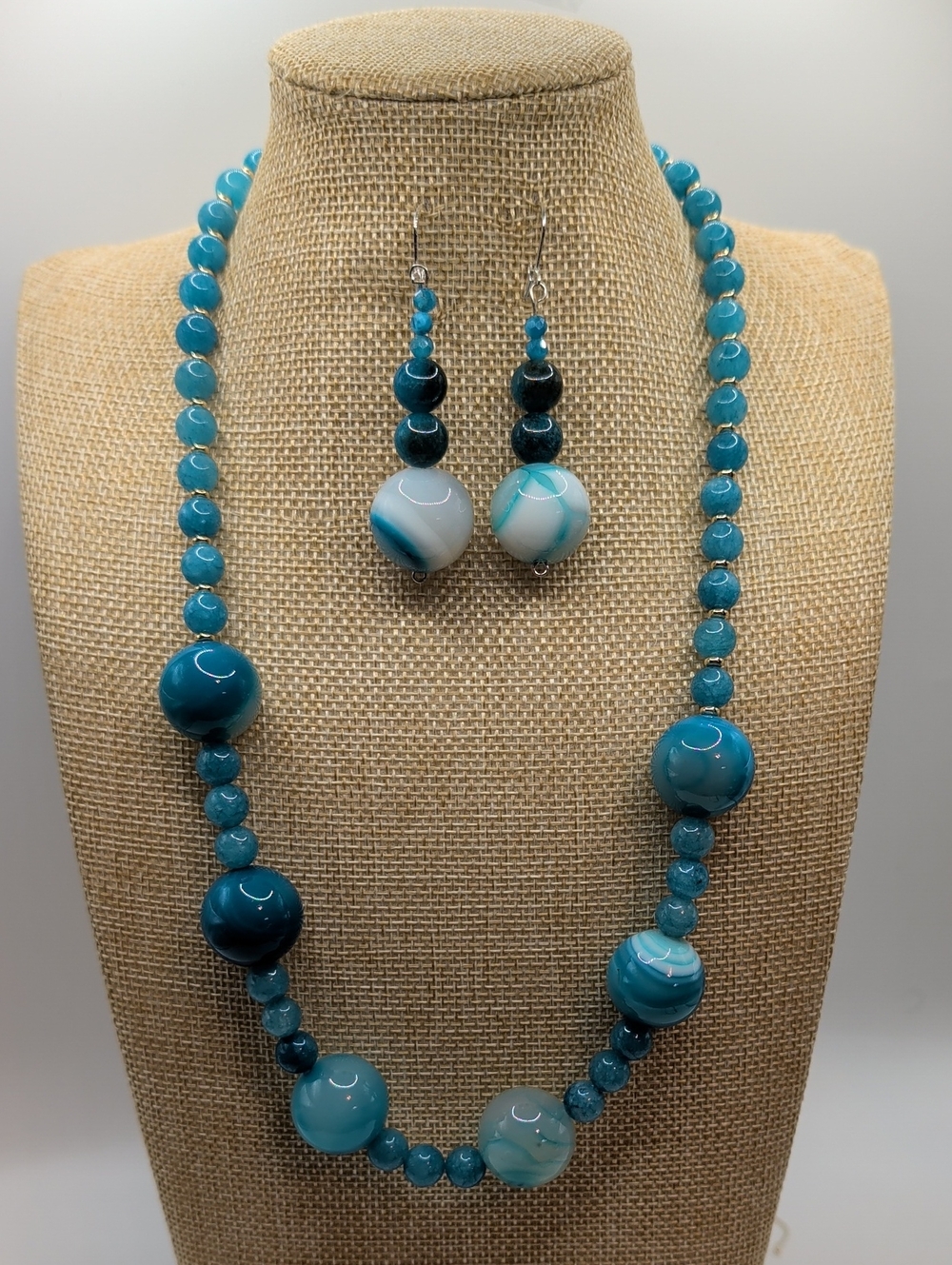 Hand Crafted Turquoise Blue Beaded Necklace with Matching Drop Earrings